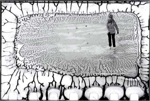 Bildtext: "Schlittschuhl&auml;uferin&nbsp;/&nbsp;Skating woman" - Scan eines glas-gerahmten Diapositives, welches wochenlang im Wasser lagerte.