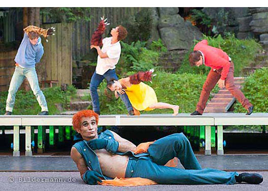 Probenfoto von "Pucks Sommernachtsträume" - ein Balettst&uuml;ck der Landeb&uuml;hnen Sachsen von Rainer Feistel, gespielt in den Felsenb&uuml;hnen Rathen im Juli/August 2012